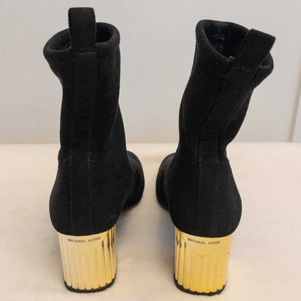 Michael Kors Black Suede Stretch Sock Ankle Booties w/ Gold Block Heel – Size 7